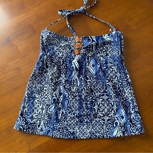 Lucky Brand Boho Blue Patterned Halter Tankini Swimsuit Top Size Small